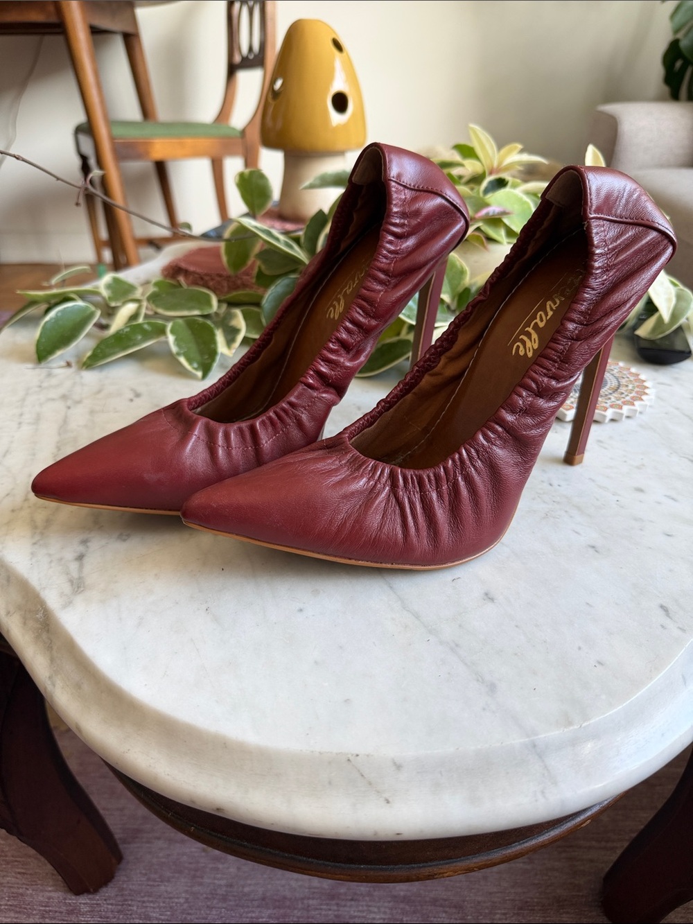Intervalle Burgundy Red Pointed-Toe Leather Stiletto Pumps